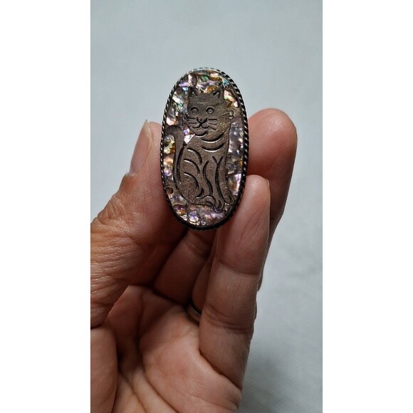 Vintage 925 Sterling Silver Abalone Shell Cat Ring, Hecho en Mexico, Size 8. - Picture 6 of 9